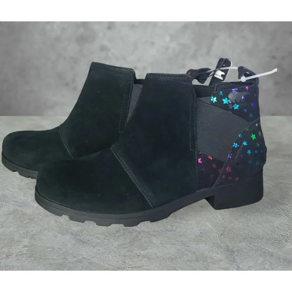Sorel Booties Girls Size 5 Emelie Chelsea Black Suede Rainbow Stars New